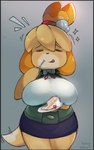 anthro big_breasts blush bottomwear breasts cake clothed clothing dessert eating eyes_closed female food monotone_bottomwear monotone_clothing monotone_skirt pencil_skirt short_stack skirt solo tail tail_motion tailwag thick_thighs honeycalamari animal_crossing nintendo isabelle_(animal_crossing) canid canine canis domestic_dog mammal shih_tzu toy_dog 2018 hi_res