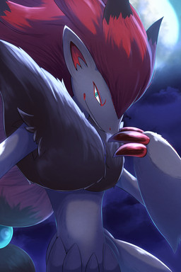 3_fingers ambiguous_anthro ambiguous_gender anthro black_body black_fur blue_eyes claw_fingers cloud fingers full_moon fur grey_body grey_ears grey_fur light mane moon moonlight mouth_closed multicolored_body multicolored_fur night outside pupils red_body red_fur red_inner_ear red_mane snout solo rumine nintendo pokemon canid canine generation_5_pokemon mammal pokemon_(species) zoroark 2025 2:3 hi_res lighting shaded