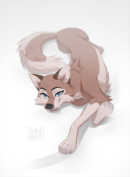 black_nose blue_eyes cheek_tuft claws facial_tuft female feral fur half-closed_eyes high-angle_view looking_at_viewer lying narrowed_eyes nude on_back simple_background smile smiling_at_viewer snout solo tail tan_body tan_fur tuft white_background azzai balto_(series) universal_studios aleu_(balto) canid canine canis hybrid mammal wolfdog colored digital_drawing_(artwork) digital_media_(artwork) shaded