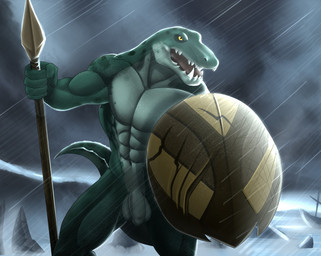 5_fingers abs anthro balls biceps fingers flaccid foreskin genitals green_body green_skin humanoid_genitalia humanoid_penis male melee_weapon muscular muscular_anthro muscular_male navel nude open_mouth pecs penis polearm raining sea sharp_teeth shield solo spear teeth tongue warrior water weapon yellow_eyes marsel-defender crocodile crocodilian reptile scalie 2016