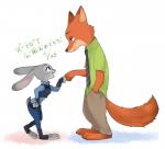 anthro barefoot clothed clothing feet female fist_bump fur gesture grey_body grey_fur group male orange_body orange_fur standing chibimame86 chu_twst disney zootopia judy_hopps nick_wilde canid canine fox lagomorph leporid mammal rabbit red_fox true_fox