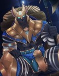 anthro armor bulge bulge_from_behind chacal chair furniture looking_at_viewer male male/male muscular solo throne mondlight league_of_legends riot_games tencent nasus_(lol) hi_res