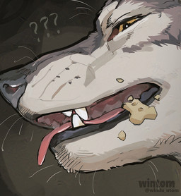 ambiguous_feral ambiguous_gender brown_eyes dog_food dog_treat fangs feral fur grey_body grey_fur mouth_shot multicolored_body multicolored_fur open_mouth pet_food question_mark side_view solo teeth text two_tone_body two_tone_fur wintom canid canine canis mammal wolf artist_name digital_drawing_(artwork) digital_media_(artwork) headshot_portrait portrait