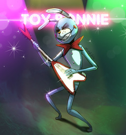 5_fingers anthro barefoot bow_(feature) bow_tie electric_guitar eyes_closed feet fingers guitar holding_musical_instrument holding_object light machine male male_anthro musical_instrument nude playing_guitar playing_music plucked_string_instrument smile solo standing string_instrument text foxtragic five_nights_at_freddy's five_nights_at_freddy's_2 flying_v gibson scottgames toy_bonnie_(fnaf) lagomorph leporid mammal rabbit robot character_name colored digital_drawing_(artwork) digital_media_(artwork) lighting shaded unavailable_at_source