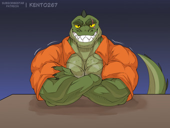 anthro beard body_hair chest_hair crossed_arms facial_hair facial_scar furniture gradient_background green_body male motion_lines prison_uniform prisoner scar simple_background smile smiling_at_viewer solo table tail yellow_sclera kento267 bigjaw_(kento267) crocodile crocodilian reptile scalie
