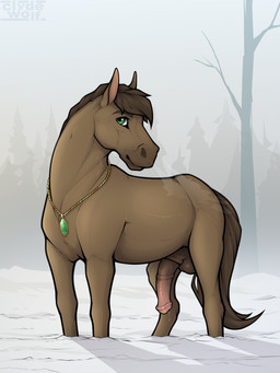 anatomically_correct anatomically_correct_genitalia anatomically_correct_penis animal_genitalia animal_penis balls bodily_fluids breath brown_balls brown_body brown_fur brown_mane brown_penis brown_sheath brown_tail chain day equine_genitalia equine_penis erection eyebrows feral flared_penis forest fur gem genital_fluids genitals gold_(metal) gold_chain green_eyes hair jewelry looking_at_viewer male mane medial_ring necklace nude outside penis pink_penis plant precum quadruped sheath simple_background smile snow solo tail tree unflared vein veiny_penis winter clyde_wolf hubristhehorse equid equine horse mammal digital_media_(artwork) hi_res