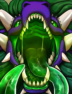 ambiguous_form ambiguous_gender bodily_fluids cheek_spikes facial_spikes front_view glistening glistening_eyes green_eyes green_sclera green_tongue horn looking_at_viewer mouth_shot open_mouth orange_body saliva saliva_on_tongue saliva_string solo spikes spikes_(anatomy) text tongue tongue_out white_horn roobin mythology dragon mythological_creature mythological_scalie scalie artist_name hi_res