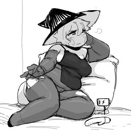anthro armwear biped breasts clothing elbow_gloves female genitals gloves handwear hat headgear headwear horizontal_pupils non-mammal_breasts pillow pupils sex_toy slightly_chubby slightly_chubby_anthro slightly_chubby_female solo vibrator vulva witch_hat iriedono amphibian frog 2026 digital_media_(artwork) greyscale monochrome