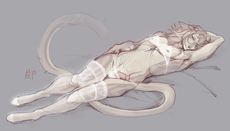 animal_genitalia animal_penis anthro balls bra clothing eyelashes feline_genitalia feline_penis genitals grey_paws hair lace lace_bra lace_panties lace_stockings legwear long_eyelashes long_hair long_tail looking_at_viewer male penis pink_penis scar shy solo stockings striped_body stripes tail underwear white_eyelashes belo riovers domestic_cat felid feline felis mammal absurd_res colored digital_drawing_(artwork) digital_media_(artwork) hi_res sketch