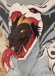 ambiguous_gender ambiguous_prey anthro black_markings bodily_fluids brown_body fangs female female_pred forked_tongue front_view glistening glistening_eyes grey_body head_in_mouth in_mouth markings narrowed_eyes oral_vore piercing pupils red_eyes ring_piercing saliva saliva_on_tongue sharp_teeth simple_background slit_pupils teeth tongue tongue_out vore white_body yellow_eyes santanahoffman reptile scalie snake hi_res