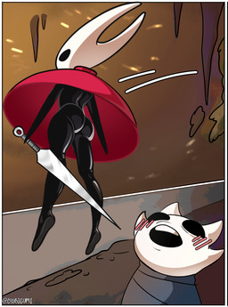 athletic big_butt black_body butt clothed clothing duo female leg_markings legs_in_air looking_up male male/female markings partially_clothed slim thick_thighs thigh_markings toned_body toned_female upskirt chubigumi hollow_knight:_silksong hollow_knight_(franchise) pogchamp team_cherry hornet_(hollow_knight) arthropod hybrid hi_res meme