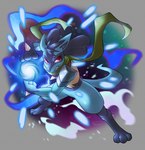 anthro aura_sphere biped blue_body chest_spike eye_scar facial_scar green_scarf scar scarf solo spikes spikes_(anatomy) tail haychel nintendo pokemon generation_4_pokemon lucario pokemon_(species) 2023 absurd_res hi_res