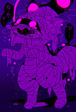 ambiguous_gender bandage breathing corruption duo glowing glowing_eyes solo_focus text walking winte nintendo pokemon cofagrigus eeveelution generation_1_pokemon generation_5_pokemon mummy pokemon_(species) undead vaporeon 2018 digital_media_(artwork) hi_res japanese_text translated