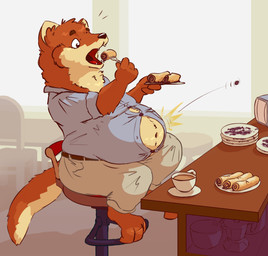 anthro belly biped brown_body brown_fur button_(fastener) button_pop clothed clothing container crepe cup cutlery detailed_background eating food fork fur holding_food holding_object inside kitchen_utensils male navel open_mouth overweight overweight_anthro overweight_male plate sitting solo straining_buttons surprised tan_body tan_fur tools wardrobe_malfunction lotic mammal mustelid musteline true_musteline weasel hi_res