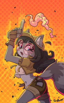 anthro arm_tuft black_hair blue_eyes bottomwear breasts clothed clothing crop_top dipstick_ears ear_markings elbow_tuft eyebrow_through_hair eyebrows eyelashes eyewear female female_anthro fingerless_gloves fur glasses gloves grey_body grey_fur gun hair handgun handwear hat headgear headwear inner_ear_fluff markings midriff multicolored_ears navel open_mouth ranged_weapon revolver ring_(marking) ringed_tail round_glasses shirt shorts solo striped_markings striped_tail stripes tail tail_markings topwear translucent translucent_hair tuft weapon wearing_glasses deadyoung7 metal_slug snk fio_germi mammal 2025 absurd_res hi_res