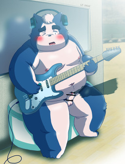 anthro balls belly blush electronics erection genitals headphones humanoid_genitalia humanoid_hands humanoid_penis kemono male musical_instrument overweight overweight_anthro overweight_male penis sitting solo debudave_12 canid canine canis domestic_dog mammal 2015 hi_res