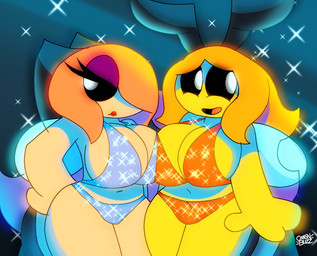 antennae_(anatomy) anthro anthrofied big_breasts black_sclera blonde_hair breasts cleavage clothed clothing duo eyelashes eyeshadow female hair lipstick looking_at_viewer makeup navel open_mouth purple_eyeshadow simple_background smile sparkles sparkling_bra sparkling_clothing sparkling_panties thick_thighs white_eyes wide_hips wings yellow_body unfortu-nate beatrice_(unfortu-nate) bonnie_(unfortu-nate) arthropod bee hymenopteran insect 2026 digital_media_(artwork) hi_res