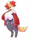 anthro big_breasts breasts canid canine clothed clothing delphox eyewear female generation_6_pokemon glasses hi_res huge_breasts mammal nintendo open_mouth pokemon pokemon_(species) robe satanickpaws simple_background solo teeth tongue white_background wide_hips