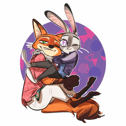 accessory anthro barefoot bottomwear brown_body brown_fur carrying_another carrying_partner clothed clothing duo eyebrows feet female fingers fur green_eyes grey_body grey_fur interspecies jacket long_ears looking_at_viewer male male/female necktie one_eye_closed orange_body orange_fur pants predator/prey purple_eyes shirt tail tan_body tan_fur toes topwear meatballs_5u disney zootopia judy_hopps nick_wilde canid canine fox lagomorph leporid mammal rabbit 1:1