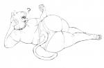 2019 anthro big_breasts big_butt breasts butt catti_(deltarune) clothing deltarune domestic_cat ear_piercing electronics felid feline felis female grumpy hair huge_butt looking_at_viewer looking_back lying mammal monochrome on_side outta_sync overweight overweight_anthro overweight_female panties phone piercing question_mark rear_view shirt simple_background sketch solo thick_thighs topwear undertale_(series) underwear white_background wide_hips