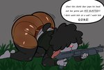 absurd_res anthro big_butt black_hair bovid butt caprine clothed clothing english_text gun hair hair_over_eyes hi_res holding_gun holding_object holding_ranged_weapon holding_weapon huge_butt isolatedartest male mammal ranged_weapon sheep solo text tom_(isolatedartest) weapon