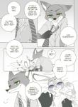 anthro bed blush canid canine clothing comic disney english_text female fox fur furniture green_eyes hi_res judy_hopps lagomorph leporid male mammal nick_wilde puki purple_eyes rabbit red_fox text tickling true_fox undressing zootopia