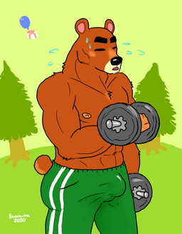 anthro black_nose bottomwear brown_body brown_fur bulge clothing exercise eyes_closed fur male muscular muscular_anthro muscular_male outside pants solo workout barakuma animal_crossing nintendo teddy_(animal_crossing) bear mammal 2020