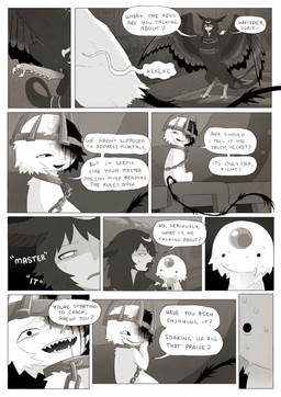 ambiguous_feral ambiguous_gender angry black_tail blood bodily_fluids bound building chain chained collar crescent_(shape) crown detailed_background dialogue dot_eyes duo ellipsis fantasy feathers female feral flying forehead_gem fur gem giggle group hand_on_cheek hand_on_own_cheek headgear insect_wings larger_female larger_feral lepidopteran_wings looking_at_another machine metal_collar mouth_closed mouthless nervous nervous_sweat noseless open_mouth open_smile outside scutes sharp_teeth simple_eyes size_difference sky smaller_ambiguous smaller_feral smile speech_bubble spread_wings sweat tail talking_to_another teeth text trio upper_teeth_only white_body white_fur wings wounded jejejunum european_mythology greek_mythology mythology ember_(jejejunum) secret_(jejejunum) whisper_(jejejunum) avian bird deity dragon fraid_(species) harpy mythological_avian mythological_creature mythological_scalie nethermare scalie 2025 comic digital_drawing_(artwork) digital_media_(artwork) english_description english_text greyscale hi_res monochrome sepia female_(lore) male_(lore)