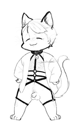 alternate_species animal_genitalia anthro balls body_hair bondage_gear chest_hair chibi claws clothing collar eyes_closed feet finger_claws fully_sheathed fur furrification genitals hair hairy_balls handpaw hands_on_hips happy_trail harness hindpaw jacket leather leather_harness male paws pointy_ears prick_ears pubes sheath smile solo tail topwear whiskers xradioblood hannibal_(series) hannibal_lecter domestic_cat felid feline felis mammal hi_res monochrome