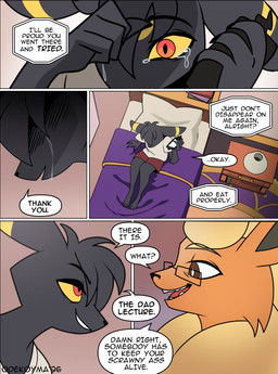 anthro bed black_body bodily_fluids dialogue duo electronics eyewear furniture furniture_lamp glasses holding_object holding_phone male nightstand phone phone_call pillow red_eyes speech_bubble tears text wearing_glasses yellow_sclera odeko-yma nintendo pokemon pokemon_mystery_dungeon spike_chunsoft lucky_(odeko-yma) eeveelution flareon generation_1_pokemon generation_2_pokemon pokemon_(species) umbreon 2026 absurd_res comic digital_media_(artwork) english_text hi_res signature