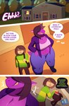 2022 anthro backpack bed belly big_breasts bottom_heavy bottomwear breasts brown_hair cleavage clothed clothing comic conditional_dnp deltarune dialogue duo emanata english_text female female_anthro furniture hair hair_over_eyes hi_res huge_breasts huge_thighs human jacket kris_(deltarune) larger_female light_body light_skin male mammal navel open_clothing open_shirt open_topwear pants purple_body purple_skin scalie shirt size_difference slightly_chubby slightly_chubby_anthro slightly_chubby_female smile standing susie_(deltarune) svarz teeth text thick_thighs topwear undertale_(series) wide_hips