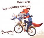 anthro bicycle buckteeth clothing cycling dialogue duo eyewear female fur grey_body grey_fur long_ears male megaphone orange_body orange_fur police police_uniform purple_eyes simple_background sitting sunglasses teeth text uniform vehicle 狼巴子原型机 disney zootopia judy_hopps nick_wilde canid canine fox lagomorph leporid mammal rabbit red_fox true_fox 2016 english_text