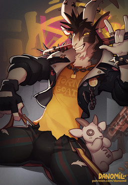 5_fingers anthro biped bottomwear clothed clothed_anthro clothed_male clothing fingers front_view fully_clothed fully_clothed_anthro fully_clothed_male fur gloves handwear horn jacket male pants smile solo teeth topwear danomil deadlock_(game) valve valve_corporation billy_(deadlock) bovid caprine goat mammal 2025 hi_res