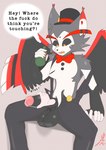 anthro balls big_penis biped black_balls black_penis black_sclera bottle bottomwear bow_tie clothed clothing container dialogue erection feathered_wings feathers fur genitals hand_on_penis heart_symbol holding_bottle holding_container holding_object huge_penis humanoid_genitalia humanoid_penis husk inner inner_ear_fluff male multicolored_body multicolored_fur open_mouth pants partially_clothed penile penis pointy_ears prick_ears profanity red_bow_tie solo sound_effects speech_bubble spread_legs spreading surprised surprised_expression surprised_eyes surprised_face surprised_look symbol tail text tongue topless topless_male tuft white_body white_fur wings yellow_eyes zipper_down tabascomilk hazbin_hotel husk_(hazbin_hotel) demon domestic_cat felid feline felis mammal absurd_res colored digital_drawing_(artwork) digital_media_(artwork) english_text hi_res signature