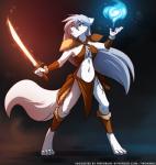 2019 absurd_res anthro armor barefoot biped black_background bottomwear breasts canid canine canis chest_tuft cleavage clothed clothing colored conditional_dnp digitigrade feet female fire fur grey_hair hair hi_res holding_melee_weapon holding_object holding_sword holding_weapon keidran loincloth magic magic_user mammal melee_weapon midriff navel pauldron pose raine_silverlock simple_background skimpy solo sword tom_fischbach tuft twokinds weapon white_body white_fur wolf yellow_eyes