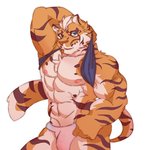 abs anthro biceps blue_eyes bulge clothed clothing clothing_lift countershading fur hair male markings multicolored_body multicolored_fur muscular muscular_anthro muscular_male muscular_thighs orange_body orange_fur pecs shirt shirt_lift simple_background striped_body striped_fur striped_markings striped_tail stripes tail tail_markings topwear triceps two_tone_body two_tone_fur underwear white_background white_body white_fur white_hair sanjiaoasanjiao nekojishi studio_klondike lin_hu felid mammal pantherine tiger 1:1