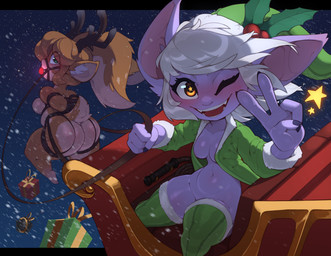 anthro ball_gag bdsm big_butt bondage bound breasts brown_body brown_fur butt duo feet female fur gag gagged glistening glistening_breasts glistening_thighs grey_hair hair holidays huge_butt huge_thighs looking_at_viewer medium_breasts navel nude one_eye_closed open_mouth open_smile purple_body purple_skin smile snow snowing soles thick_thighs whip_mark wink winking_at_viewer huffslove christmas league_of_legends riot_games tencent poppy_(lol) snow_fawn_poppy_(lol) tristana_(lol) deer humanoid mammal new_world_deer reindeer yordle 2025 hi_res