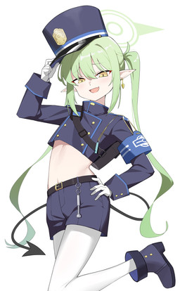 backpack belly belt blue_bottomwear blue_clothing blue_crop_top blue_footwear blue_hat blue_headwear blue_shirt blue_shoes blue_shorts blue_topwear bottomwear clothing crop_top cute_fangs ear_piercing ear_ring fangs female footwear gloves green_eyes hair hair_between_eyes half-closed_eyes halo hand_on_hat hand_on_hip hand_on_own_hip handwear hat headgear headwear legwear long_hair narrowed_eyes open_mouth pantyhose piercing pointy_ears prick_ears raised_leg ring_piercing shirt shoes shorts simple_background tail teeth topwear whistle_(object) white_background white_clothing white_gloves white_handwear white_legwear white_pantyhose yellow_eyes young young_female young_humanoid kaminari5244341 blue_archive nexon nozomi_(blue_archive) demon demon_humanoid humanoid tailed_humanoid absurd_res hi_res