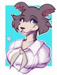 anthro blush breasts clothing eyebrows eyelashes female fluffy_ears fur multicolored_body multicolored_fur one_eye_closed purple_eyes school_uniform simple_background smile solo teeth uniform dedoarts beastars juno_(beastars) canid canine canis mammal wolf half-length_portrait hi_res portrait