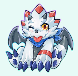 anthro claws horn kerchief male neckerchief neckwear one_eye_closed simple_background sitting solo tongue tongue_out white_background white_body wings wink yellow_eyes huhunuo111 bandai_namco digimon digimon_(species) gammamon