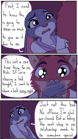 anthro dialogue duo ears_down female fur green_eyes grey_body grey_fur male open_mouth orange_body orange_fur paws pivoted_ears purple_eyes simple_background speech_bubble teary_eyes teeth text three_frame_image hahstudios disney zootopia judy_hopps nick_wilde canid canine european_rabbit fox lagomorph leporid mammal oryctolagus rabbit red_fox true_fox comic english_description english_text
