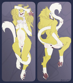 anthro anus breasts butt dakimakura fangs female front_view fur genitals hair hand_on_breast hand_on_butt long_hair looking_at_viewer lying nipples open_mouth presenting presenting_hindquarters rear_view smile solo tail teeth tongue vulva dlrp99 sergal hi_res