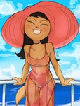 anthro bikini bikini_bottom black_hair blush breasts choker cleavage clothed clothing dress female fur hair happy hat headgear headwear jewelry necklace on_boat railing smile solo sun_hat swimwear tan_body tan_fur translucent translucent_clothing translucent_dress two-piece_swimsuit dbaru nickelodeon t.u.f.f._puppy kitty_katswell domestic_cat felid feline felis mammal 2025 hi_res