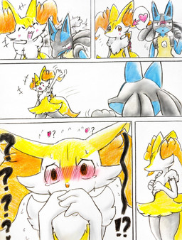 ambiguous_gender anthro blush blush_lines bodily_fluids duo embarrassed eyes_closed fur heart_symbol interrobang multicolored_body open_mouth orange_eyes question_mark simple_background solo spikes spikes_(anatomy) sweat sweatdrop tail tears tongue white_body white_fur yellow_body yellow_fur eiroru nintendo pokemon braixen canid canine generation_4_pokemon generation_6_pokemon lucario mammal pokemon_(species) 2025 comic graphite_(artwork) hi_res traditional_media_(artwork)