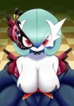 areola ball_gown big_breasts blush breasts cleavage clothed clothing collar detailed_background dress female floor front_view generation_6_pokemon inside looking_at_viewer mask mega_evolution mega_gardevoir nei_chi nintendo not_furry pokemon pokemon_(species) red_eyes smile solo
