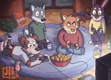 4_fingers anthro backpack beverage beverage_can black_clothing black_nose blue_clothing bottomwear bowl brown_body brown_fur brown_nose carpet clothed clothing container controller detailed_background electronics fingers food fur game_console game_controller gaming green_clothing grey_body grey_clothing grey_fur group inside male on_ground orange_body orange_fur pants playing_video_game red_clothing shirt sitting snack_food tan_body tan_fur television topwear white_body white_fur yellow_clothing jib_kodi_(artist) canid canine canis domestic_cat domestic_dog felid feline felis lagomorph leporid mammal rabbit wolf 2020 animated no_sound short_playtime video