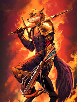 anthro armor blood blood_on_face blood_on_sword blood_on_weapon blood_splatter bodily_fluids clothing crossbow fire fluffy fluffy_tail gauntlets gloves greaves handwear knight male melee_weapon ranged_weapon solo sword tail warrior weapon thewyvernsweaver last_fables last_fables_(side_stories) nayr_of_ulfrinn canid canine canis mammal wolf 2024 absurd_res hi_res