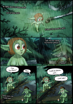 breasts curled_up dialogue duo female fetal_pose forest genitals green_body green_skin inner_monologue male medium_breasts moss nipples nude plant pointy_ears pubes raining red_eyes short_stack text thinking tree vulva greenbuncafe goblin humanoid absurd_res colored comic digital_drawing_(artwork) digital_media_(artwork) english_text hi_res shaded signature