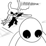 2_horns ambiguous_gender black_eyes black_text cloak clothing duo exclamation_point eyebrows holding_melee_weapon holding_object holding_weapon horn looking_at_another male melee_weapon pose text weapon white_head skeletorskeletonized hollow_knight team_cherry zote_(hollow_knight) arthropod 1:1 2020 digital_media_(artwork) english_text monochrome