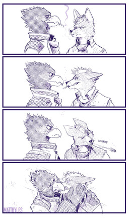 anthro beak bodily_fluids cigarette cigarette_in_mouth clothed clothing duo feathers hug kissing male male/male object_in_mouth saliva smoking text mattbyles nintendo star_fox falco_lombardi fox_mccloud avian bird canid canine fox mammal comic hi_res monochrome